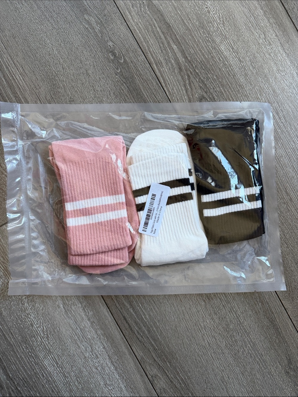3-Pack Striped Yoga Crew Socks with Grips — Pink, White, Black